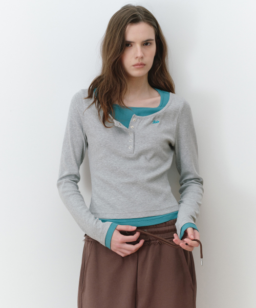 LAYERED HENRYNECK LONG SLEEVE M/GY+TE/GR