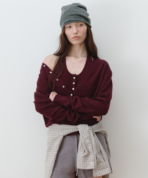 V NECK CARDIGAN SET D/BURGUNDY