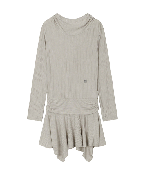 Crinkle Draped Hooded Long Sleeve Dress [ Beige ]