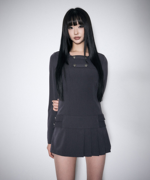 NIA BUTTON PLEATED ONEPIECE CHARCOAL