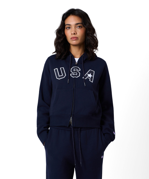 여성 USA 로고 크롭 기모 후드 집업 Navy