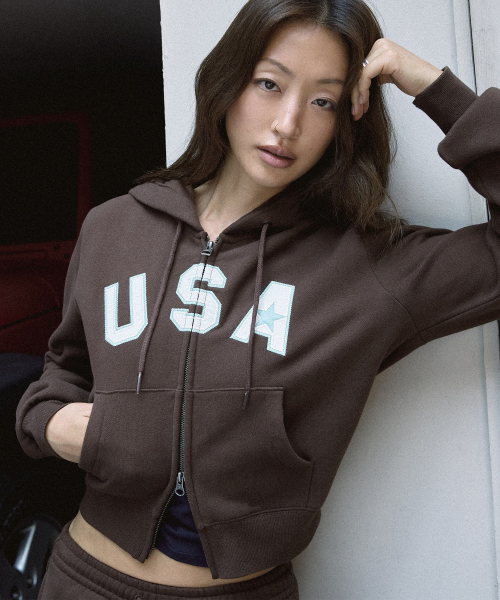 여성 USA 로고 크롭 기모 후드 집업 Brown