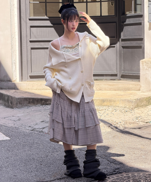 SHEER CHECK LAYERED SKIRT [BEIGE]