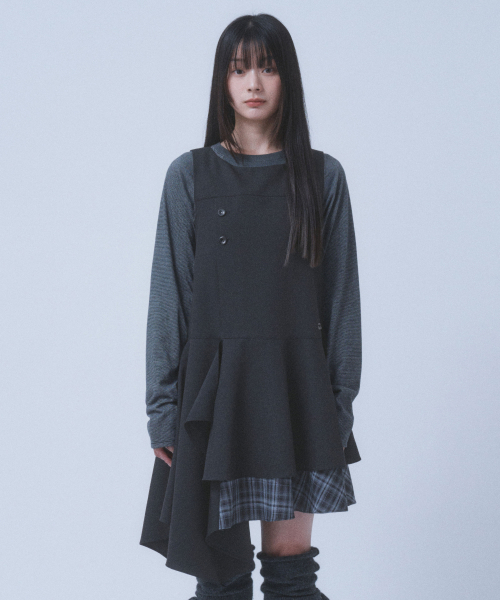 HIDDEN CHECK MIDI DRESS [BLACK]
