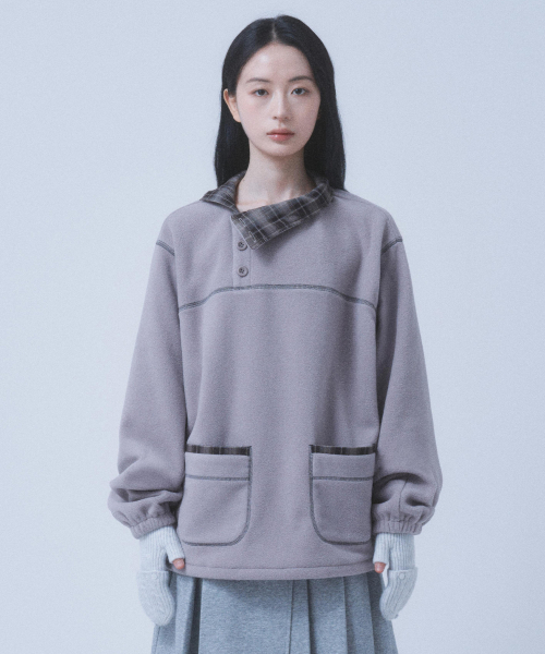 CHECK TRIM FLEECE PULLOVER [GREY]