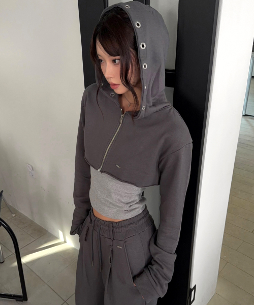 Cheto Eyelet Crop Bolero Hood Zip-Up_Charcoal