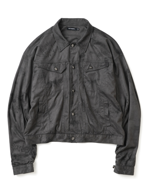 Dirty Washed Distressed Suede Trucker Jacket - Charcoal