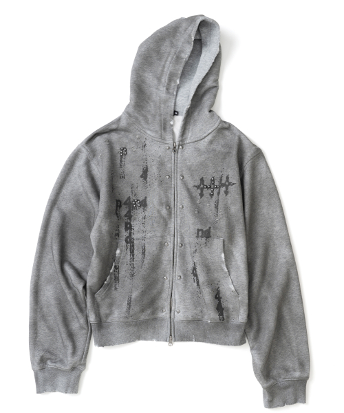 Stud Oil Washed Hood Zip Up - Grey