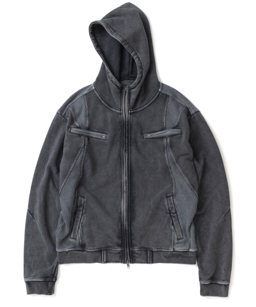 Waffle Panel Pigment Hood Zip Up - Charcoal