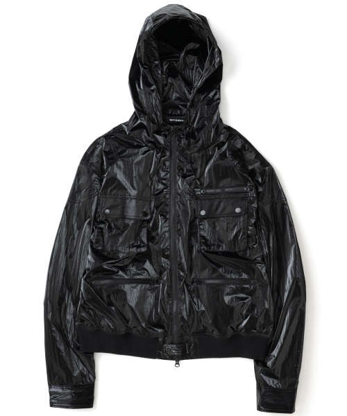 Gloss Utility Pockets Windbreaker Jacket - Black