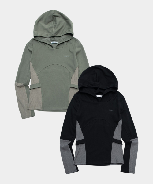 Side color-block logo point basic soft hooded long-sleeve T-shirt _2COLOR