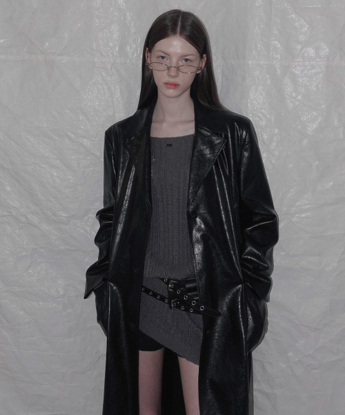 Podil Long Leather Trench Coat_Black