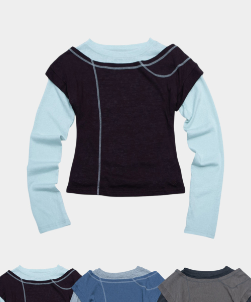 Stitch Double Color Block Layered Slim Fit Cropped Long Sleeve T-Shirt Two-Piece Set _3COLOR