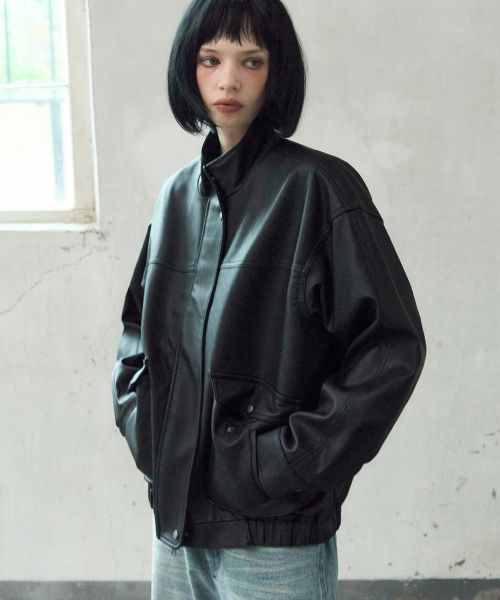 High-Neck Leather Blouson Jacket [BLACK]