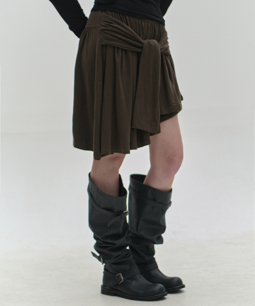 Asymmetrical tie strap flare silhouette waist-banded cotton mini skirt_3COLOR