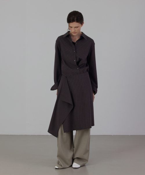 Check Asymmetric Layered Wrap Shirt Set-up
