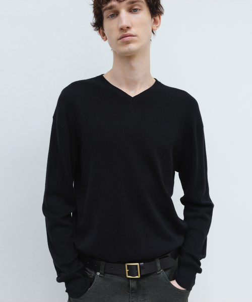 Cotton Cashmere Ribbed V-Neck Knit BLACK