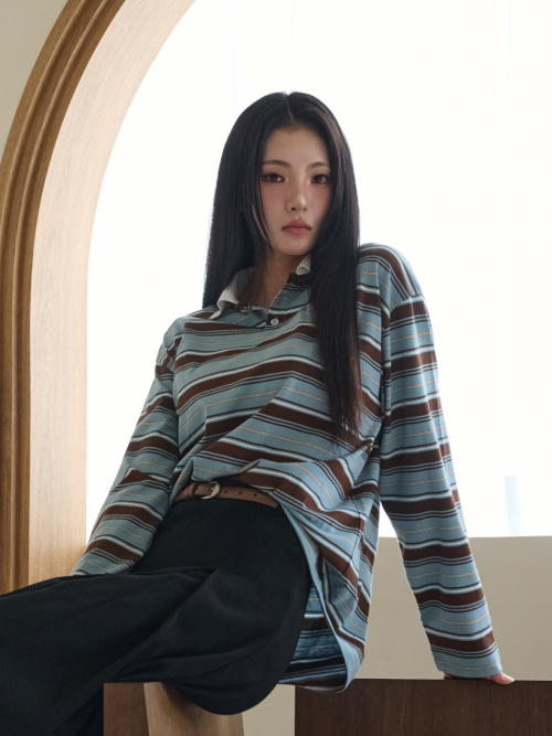 브라운 블루 멀티 스트라이프 요꼬카라 럭비티