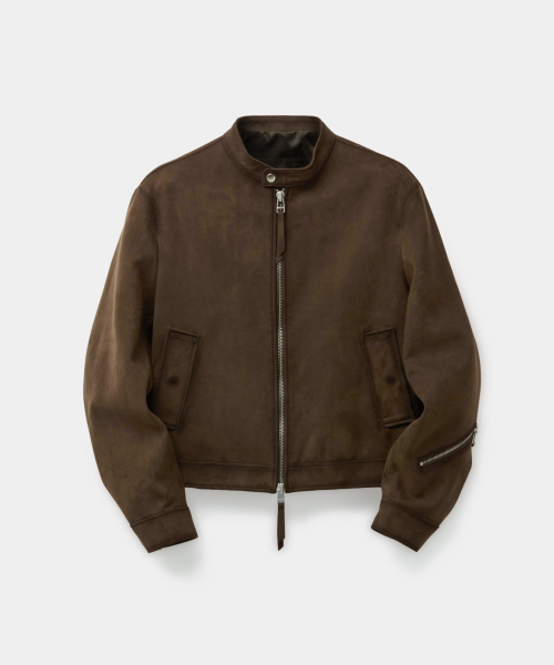 Faux Suede Semi-Washed Biker Jumper (Dark Brown)
