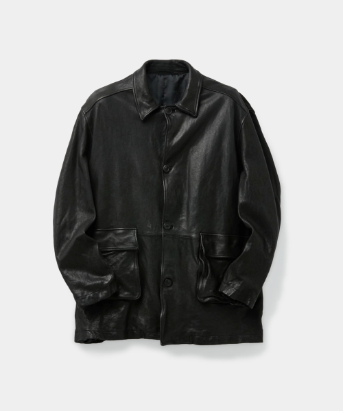 Washed Lambskin Leather Car Coat (Black)