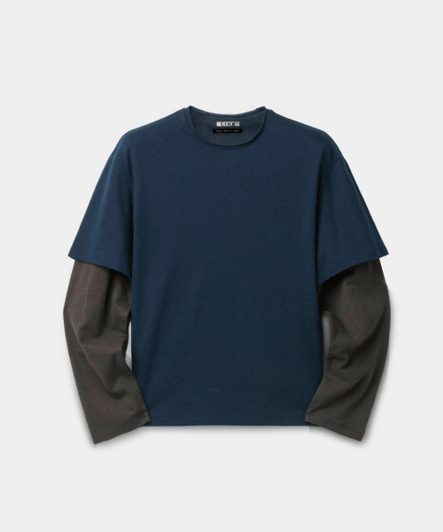Layered Mix-Cut Long-Sleeve T-Shirt (Dark Navy)