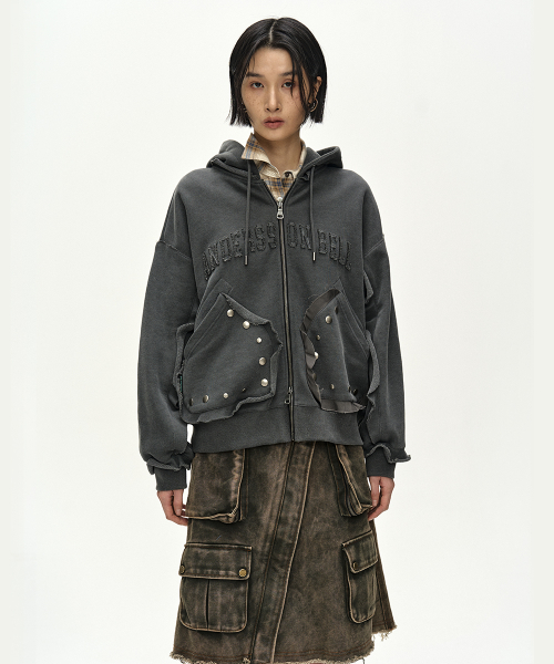 MUSINSA | ADSB ANDERSSON BELL Raw-Cut Studded Zip-Up Hoodie (Charcoal)