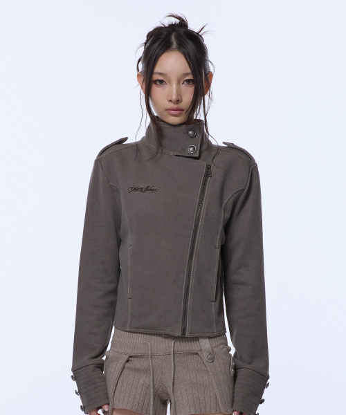 HIGH NECK NAPOLEON SIDE ZIP JACKET_BROWN