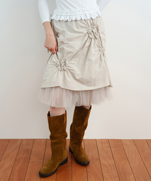 Flower Shirring Skirt (Light Beige)
