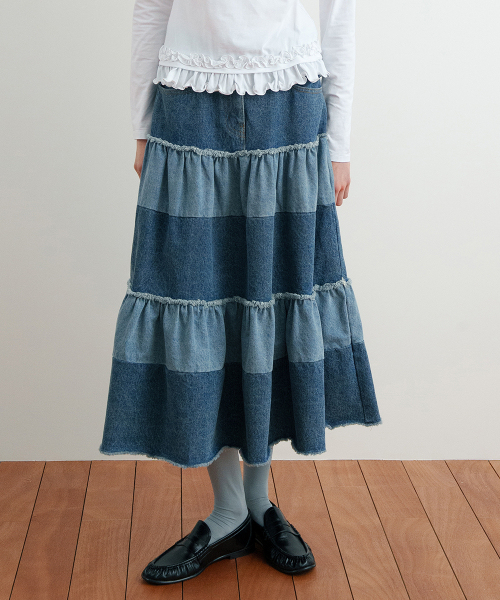 Color Block Tiered Maxi Skirt (Indigo Blue)
