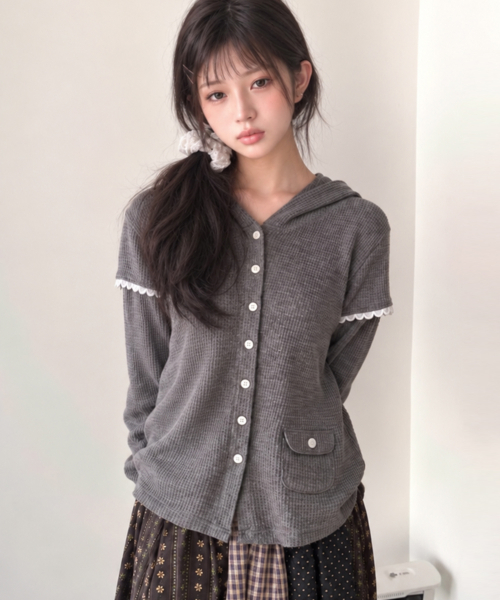 썸플레이스 소매 레이스 레이어드 포인트 슬림핏 와플 후드 버튼 업 가디건 자켓 [차콜]