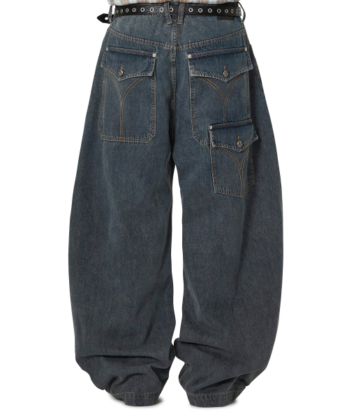 STACKED POCKET WASHED WIDE VOLUME PANTS - DEEP BLUE