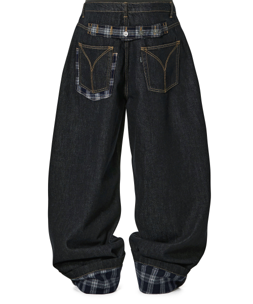 TURN-UP CHECK WIDE VOLUME PANTS - INDIGO