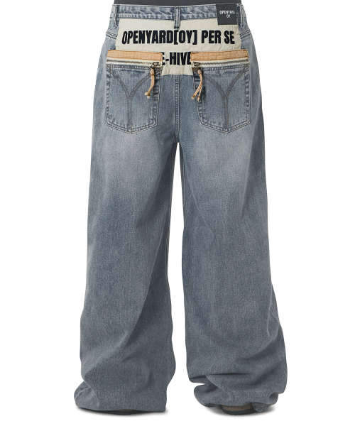 SCRIPT YOKE WASHED WIDE HEM PANTS - BLUE