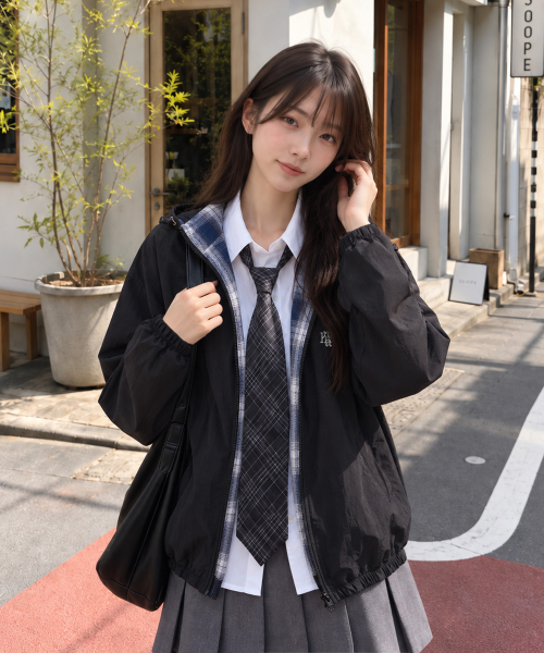 REVERSIBLE LOOSE FIT CHECK HOOD JACKET [BLACK]