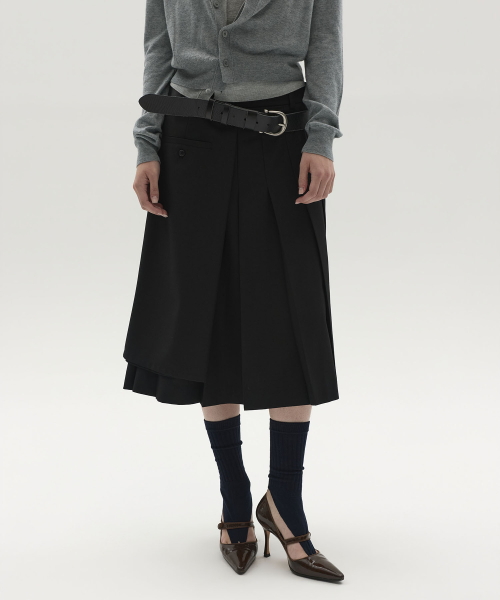 LAYERED PLEATED MIDI SKIRT (BLACK)