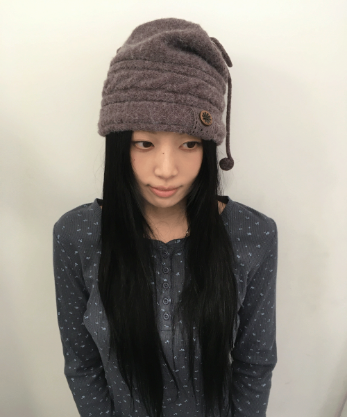 Button cable knit string beanie (Purple)