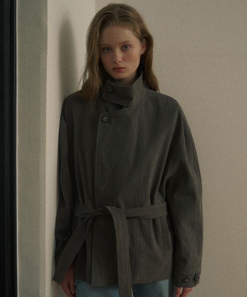 High-Neck Cropped Trench Coat - Charcoal