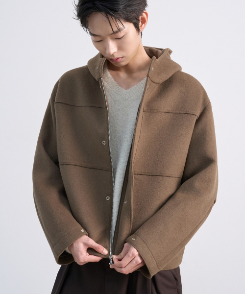 트립르센스 플라이트 백라인 울 후드 코트_카멜