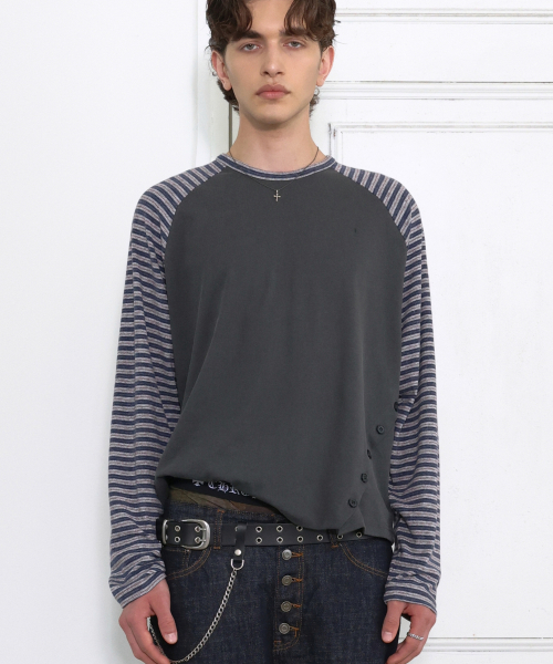 Stripe Raglan Button Long Sleeve NAVY