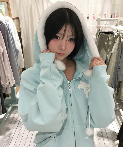 Pixel fur hoodie zip-up (Mint)