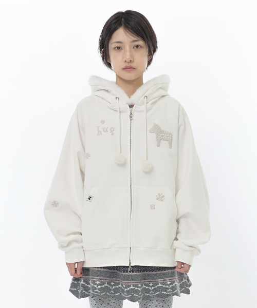 Pixel fur hoodie zip-up (White)