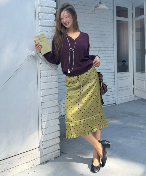 DOT PINTUCK FRILL SKIRT OLIVE