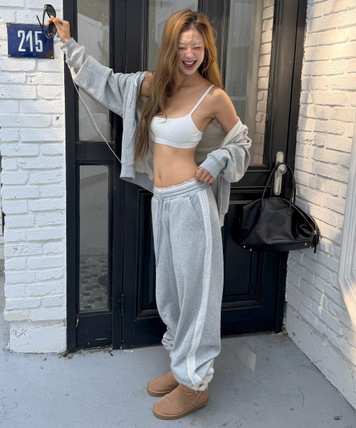 LACE SAGGING SWEAT PANTS MELANGE GRAY