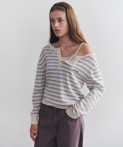 ONE OFF SHOULDER STRIPE KNIT SET BE+SK