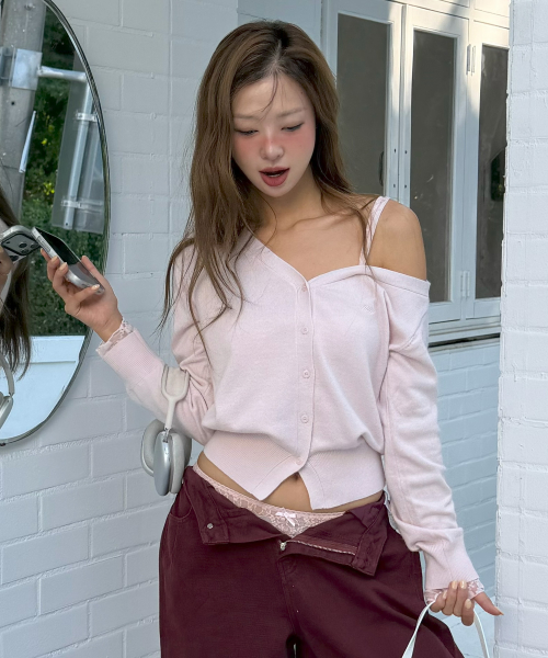 ONE OFF SHOULDER LACE CARDIGAN L/PINK