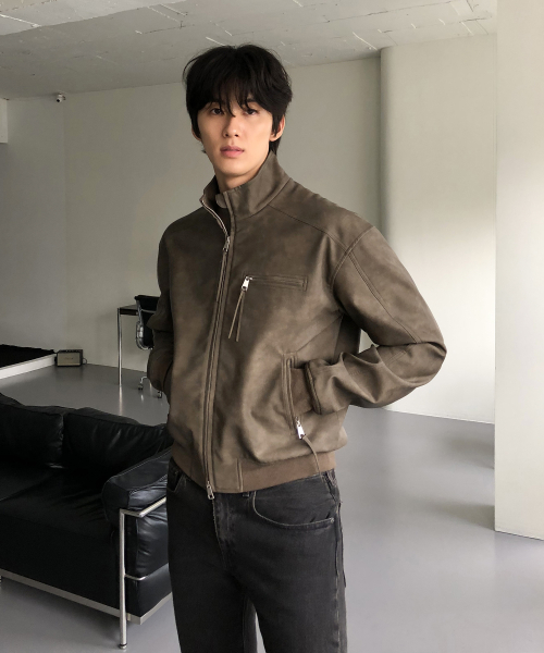 스웨이드 레더 트랙 자켓_BROWN