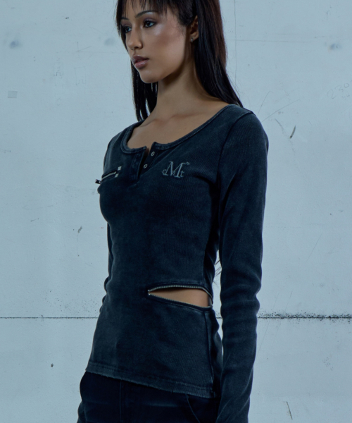 ZETIC PIGMENT SIDE SLIT ZIP LONG SLEEVE T