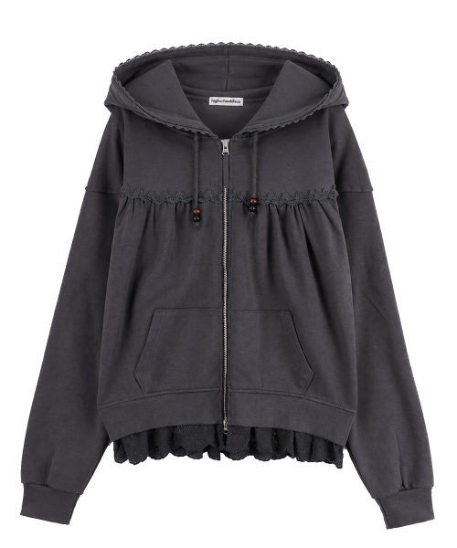 Lace cozy Hoodie Zip Up_Charcoal