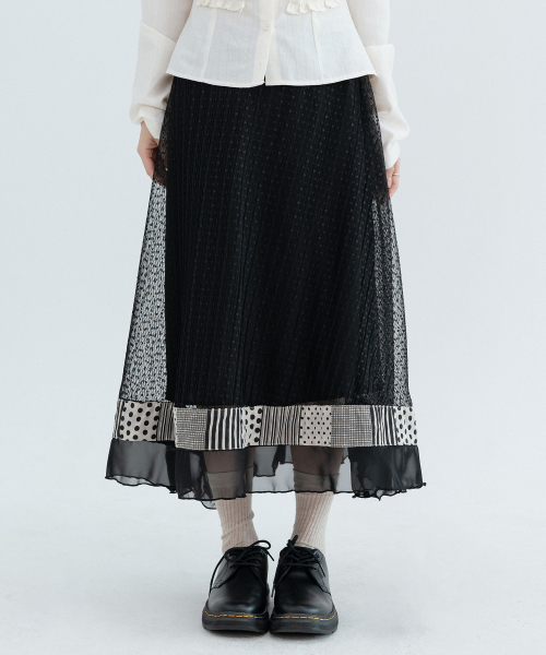 Polka Dot Pleated Lace Long Skirts_Black