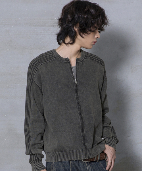 XTK184 슬림핏 빈티지 워싱 니트 집업 (BLACK)
